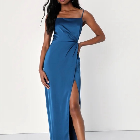 Destiny Awaits Navy Blue Satin Faux-Wrap Maxi Dress - Picture 1 of 4